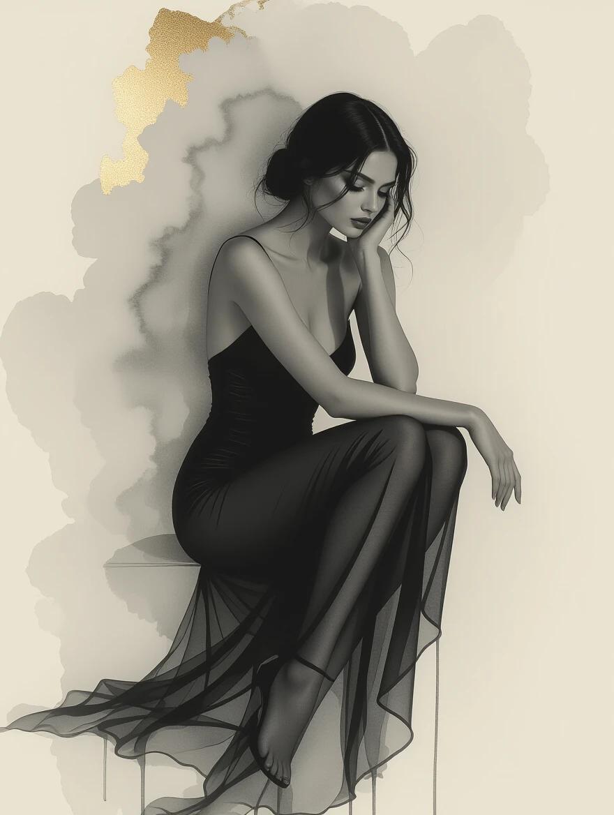 A minimalist portrayal of shyness. A silhouette of a woman wearing a black dress with flowing fabric. Elegant and shadowy appearance. 3D conceptual art. Ink wash technique with hints of gold on a distressed texture. Presented on weathered parchment paper.