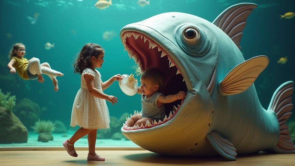 Scene shows lively interaction between young girl and mother in oversized anglerfish costume. Costume has huge pacifier as illicium to lure children. Girl humorously holds large pacifier. Anglerfish has big belly and giant mouth. Child's legs kick playfully in air from anglerfish's mouth. Another child is inside anglerfish's belly. Scene set in large aquarium room, portraying fun moments of childhood.