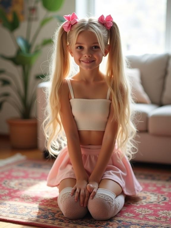 A teen with long blonde lush twin tails and pink bows kneels on a colorful rug in a soft-lit living room. She's wearing a short crop top and a pale pink mini-skirt, thigh-high socks with lace detail, and simple black shoes. Beautiful face. Flirty smile, attractive face.