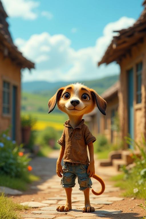 A vibrant rural village with cobblestone paths and wooden houses. Anthropomorphic puppy Tuku stands on two legs. He wears a brown shirt and torn pants. His eyes show determination. The village has other animals in clothes. The scene is bright and colorful with a blue sky. Lighting is soft and natural.