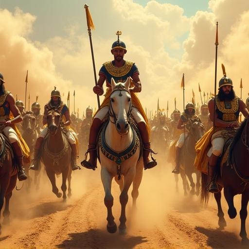 Detailed historical painting of Battle of Kadesh. Pharaoh Ramses II on golden chariot. Egyptian soldiers in white kilts and blue-gold headdresses. Clashing with Hittite warriors in bronze armor. Horses rearing, dust clouds rising. Intense chaos under bright daylight. Ancient battlefield with dramatic lighting and realistic style.