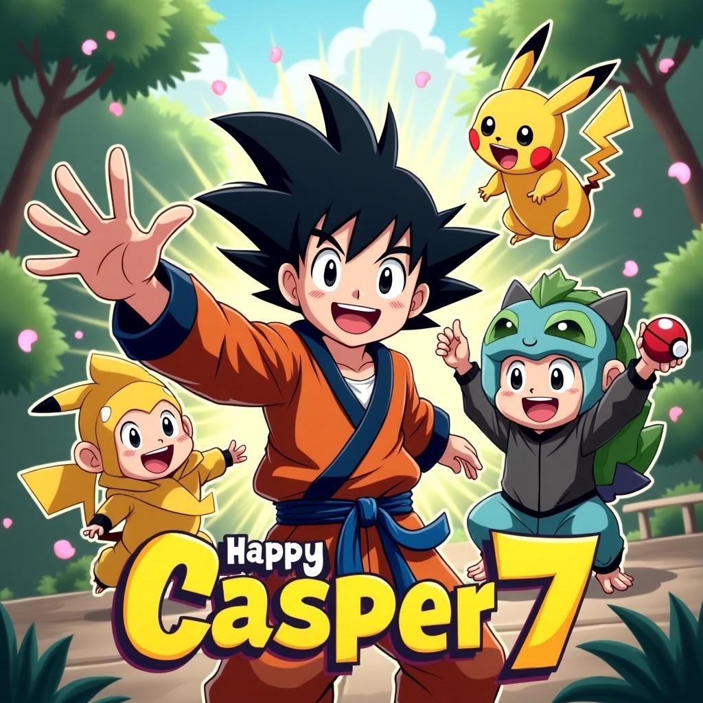 Create a dynamic and vibrant birthday invitation featuring Casper, a 7-year-old boy with black hair. He wears a mix of anime-inspired clothing combining elements from Naruto, Dragonball Z, and Pokémon. Casper should be making an inviting gesture with a happy grin. Surround him with playful monkeys inspired by Pokémon characters—one resembling Dracozolt with electric sparks, another like Pikachu with rosy cheeks, and a third like Bulbasaur with a leafy bulb. Include another monkey holding a Pokéball, all set in a lively jungle scene filled with energy beams, glowing effects, and confetti. Use a bold, colorful palette and incorporate the text 'Casper' and '7' dynamically into the scene.