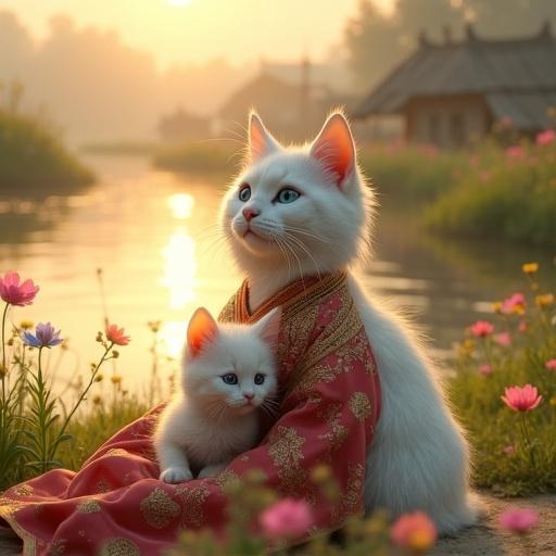 Serene scene of a village riverbank at sunrise. Golden light reflects on calm water. Green meadow surrounds the river with vibrant wildflowers. White Chinese cat and tiny kitten sit together dressed in traditional attire. Hyper-realistic with detailed fur textures and nostalgic atmosphere.