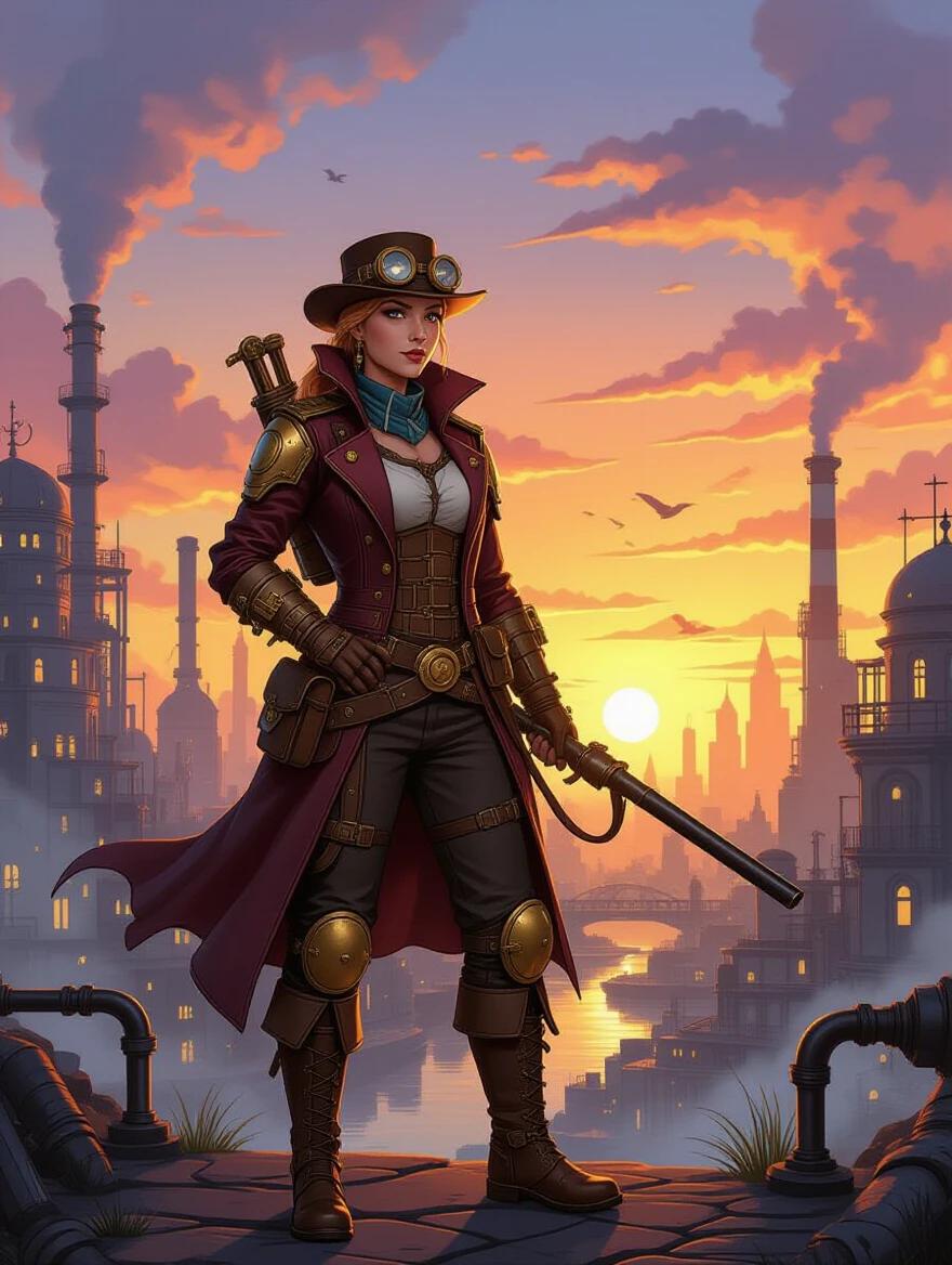 Steampunk adventurer character stands confidently in an industrial cityscape at sunset. Tall smokestacks and buildings fill the background. Warm colors dominate the sky with rich details in the character's attire.