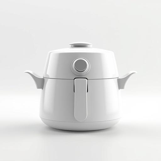 White air fryer with a glass pot displayed in a photorealistic manner. Background is plain to highlight the product features.