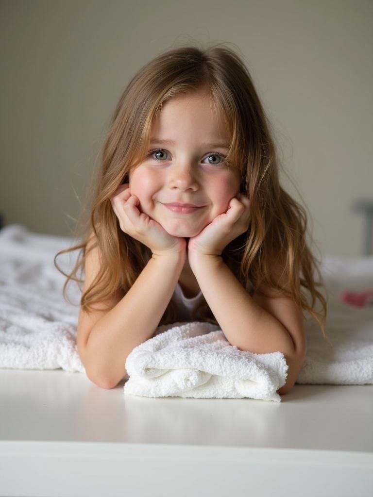 A seven-year-old girl lies on a changing table. She has long brown hair. A soft white towel sits beneath her.