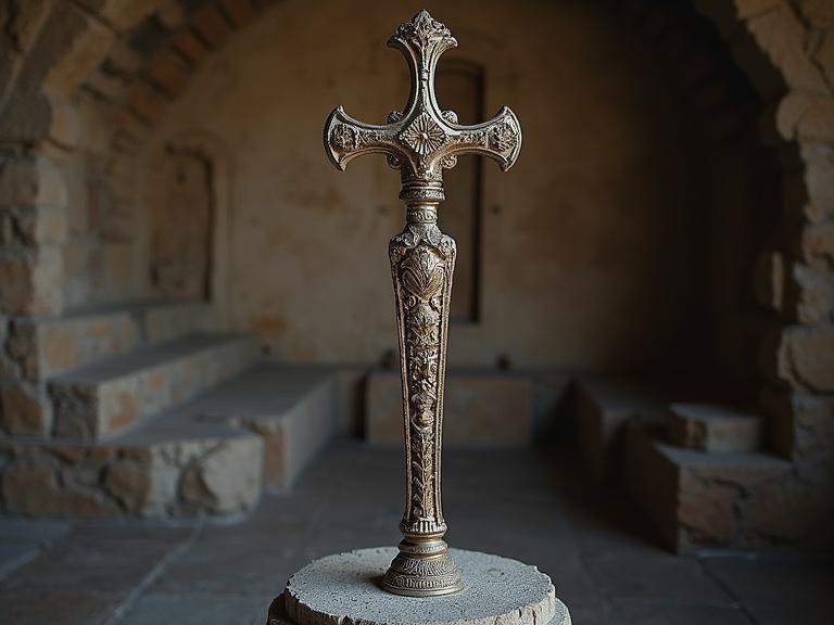 Intricately designed sacred sword is positioned upright on a stone pedestal. Surrounding area has an ancient, rustic ambience with soft lighting highlighting the details.