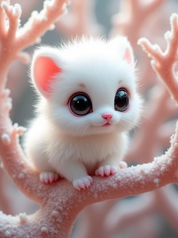 A fantasy furry creature sits on coral branches. The creature has a round fluffy body, large glossy black eyes, and a tiny pink nose. Its fur is pure white with a soft glow. The branches are light pink with a snow-like texture. The lighting is soft and creates a dreamy atmosphere.