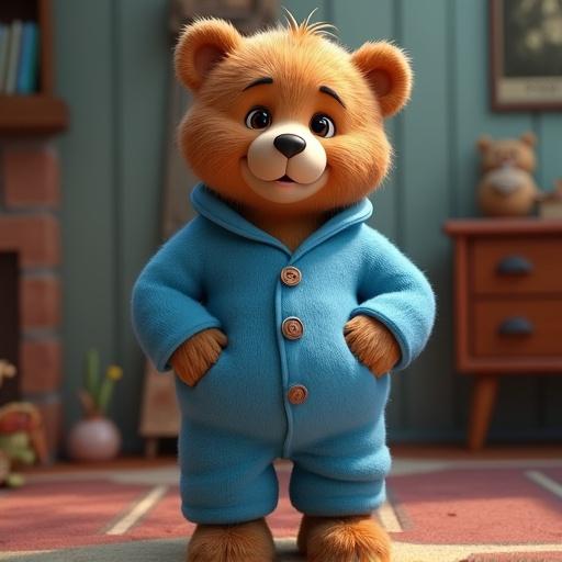 Illustration of a bear in blue pajamas. Bear wears buttons and smiles. Cozy indoor setting.