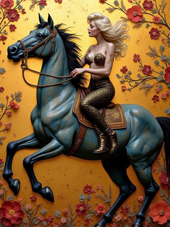 A female figure riding a blue horse against a gold and floral background. The woman has blonde hair and wears a stylish outfit. The scene is colorful and detailed, echoing artistic styles from history.