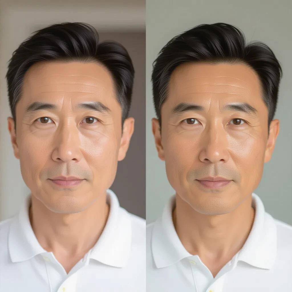 Portrait of a 59-year-old Chinese man. Captures intricate details of skin texture and imperfections. Features little wrinkles and salt and pepper hair. Shows brown eyes with Asian shape. Focus on facial asymmetry and detailed skin pores.