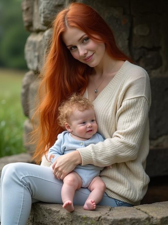 Scene featuring young woman with long red hair wearing white sweater sitting near old stone well holding calm baby with curly blonde hair in light blue onesie. The baby looks up at her with a gentle smile. A large human-sized pink rabbit sits on the stone well's edge.