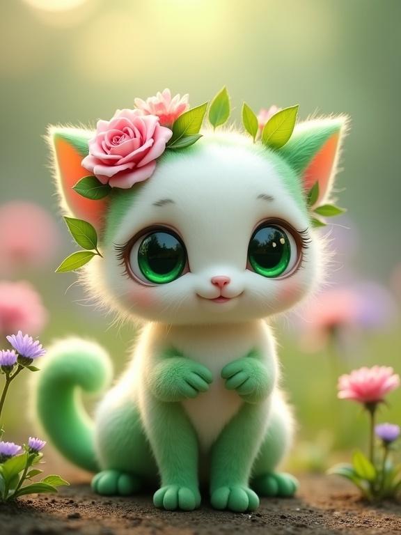 Whimsical being with white and green fur. Has large emerald eyes. Adorned with pink flowers and green leaves. Set in a garden with flowers and warm light.