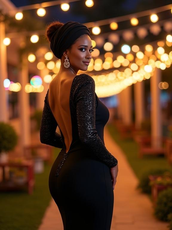 A full-body portrait of a glamorous woman with a curvy figure. She is smiling and looking over her shoulder. She wears an elegant black dress with a back slit and shimmering details. Her hair is styled in a neat bun covered with a black scarf. The background is a brightly lit outdoor festive environment with colorful lights and garden elements. Soft bokeh lighting draws focus to her. She stands slightly sideways with one leg forward, hand relaxed by her side, in a poised pose.