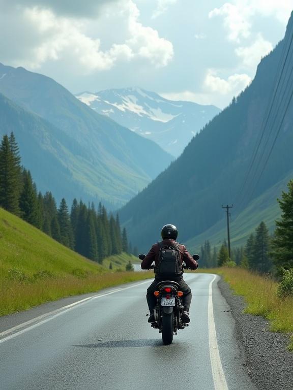 Motorcyclist is riding on a road in a countryside setting. Lush green hills and towering mountains form the backdrop. The sky is partly cloudy and bright.