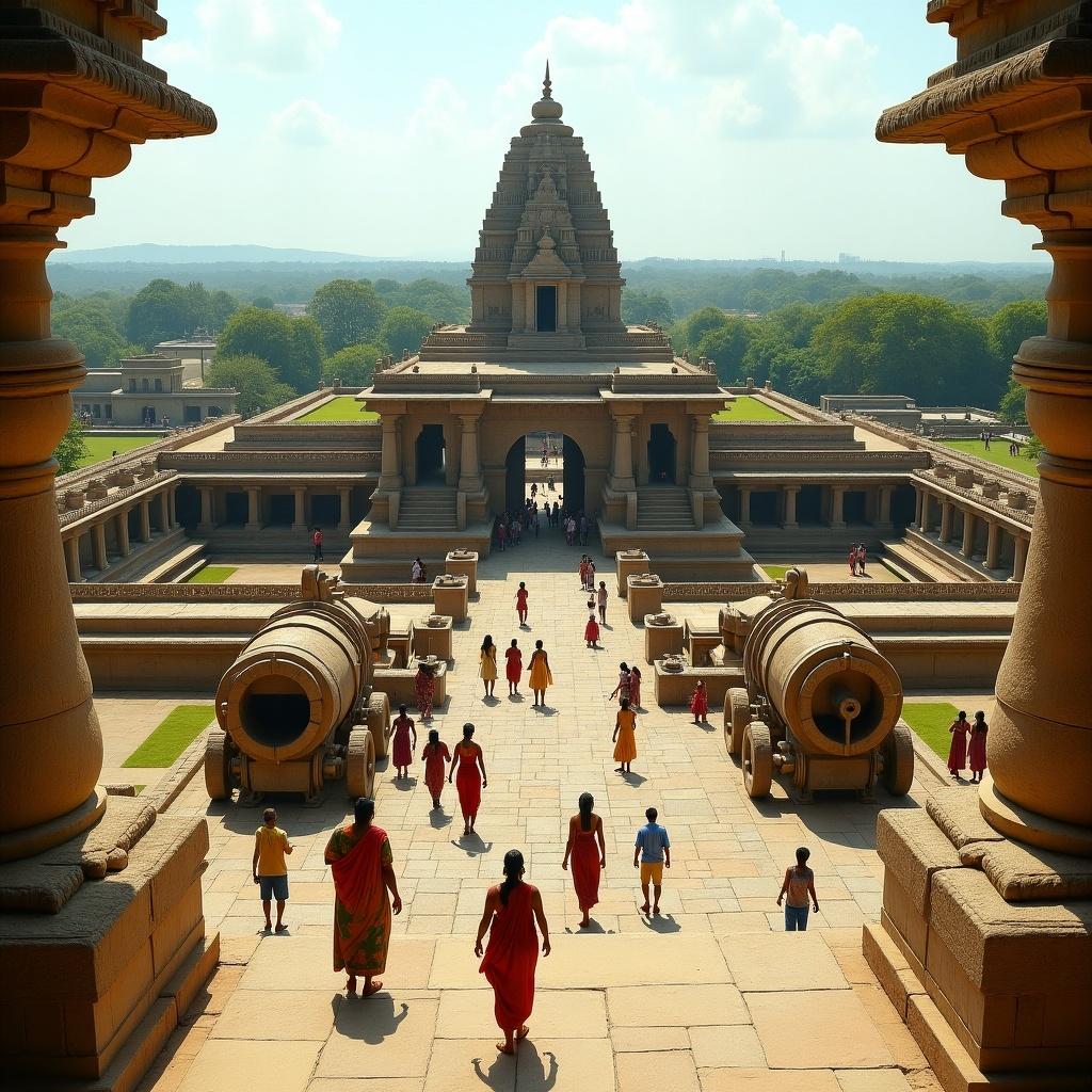 View of Vijay Vittal temple complex in Hampi with ancient architecture. Visitors walk around the temple grounds. Clear skies and lush greenery surround the temple.