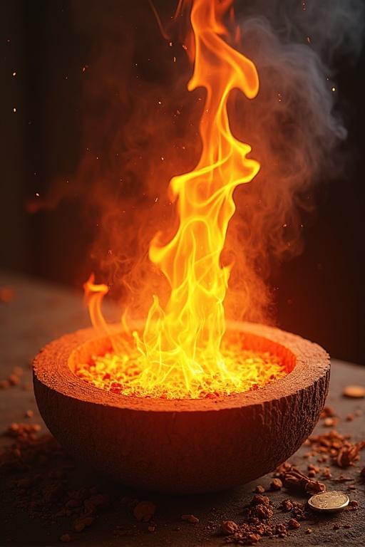 Magical scene with fire element. Flames dancing in a bowl. Warm colors like red and orange. Vivid and intense visual of fire. Suitable for fantasy themes.