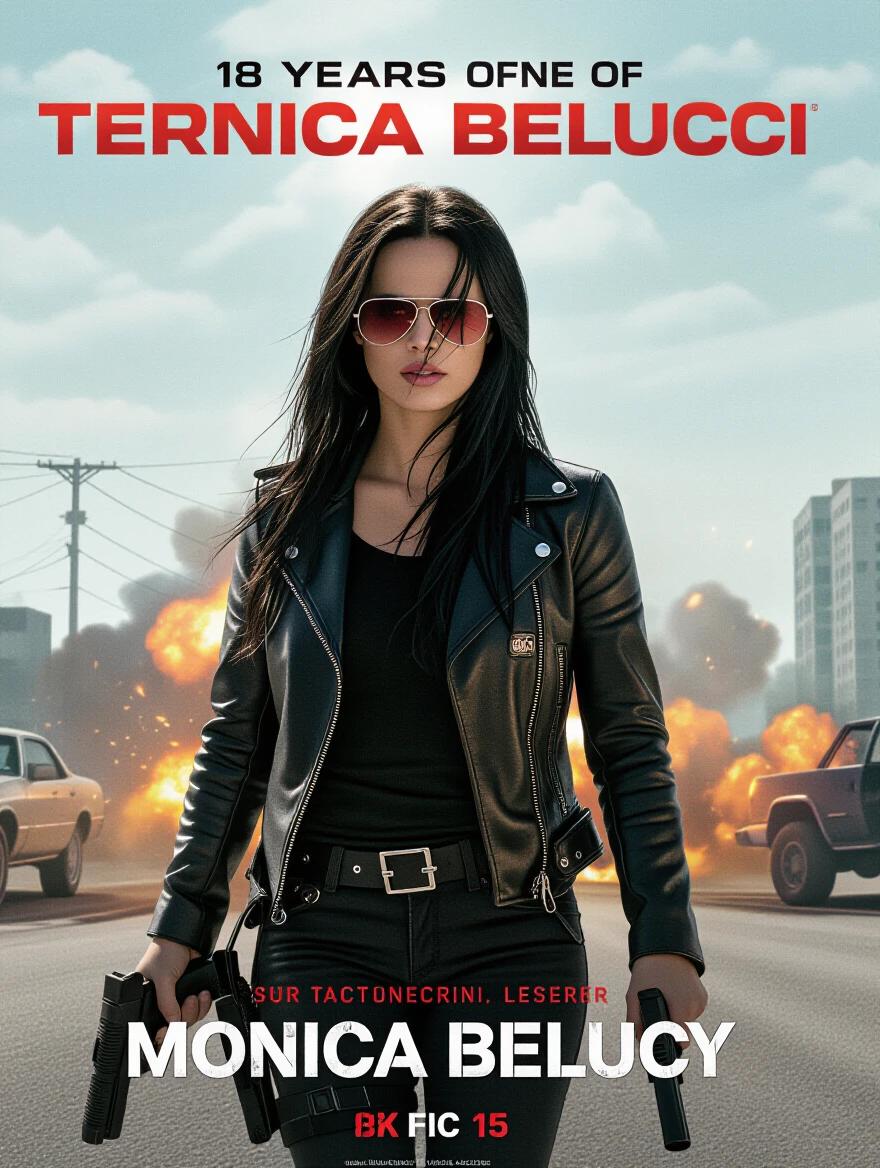 18 years old character inspired by Terminator. Character has long black hair. Character holding guns. Movie poster style. Centered character. Explosive background.