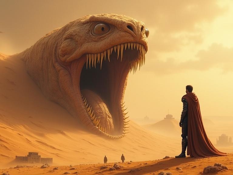 A digital painting shows a colossal Arrakis sandworm rising from golden sands. A lone atreides in dark armor observes the creature. The background features distant ruins and aircraft under warm sunlight.