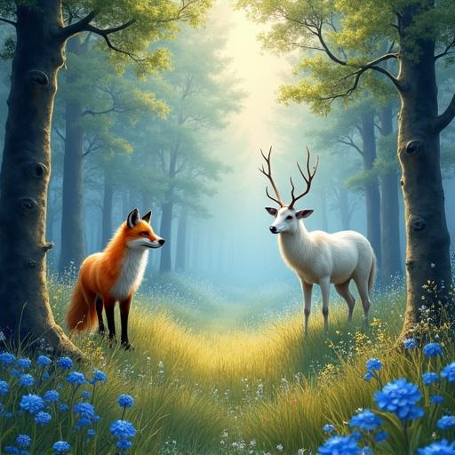 Hyper-detailed colorful mystical watercolor illustration of a forest with realistic-looking foxes and a white stag. Landscape transitions from a meadow with blue flowers to a fantasy forest. Fantasy art 3D 16K.