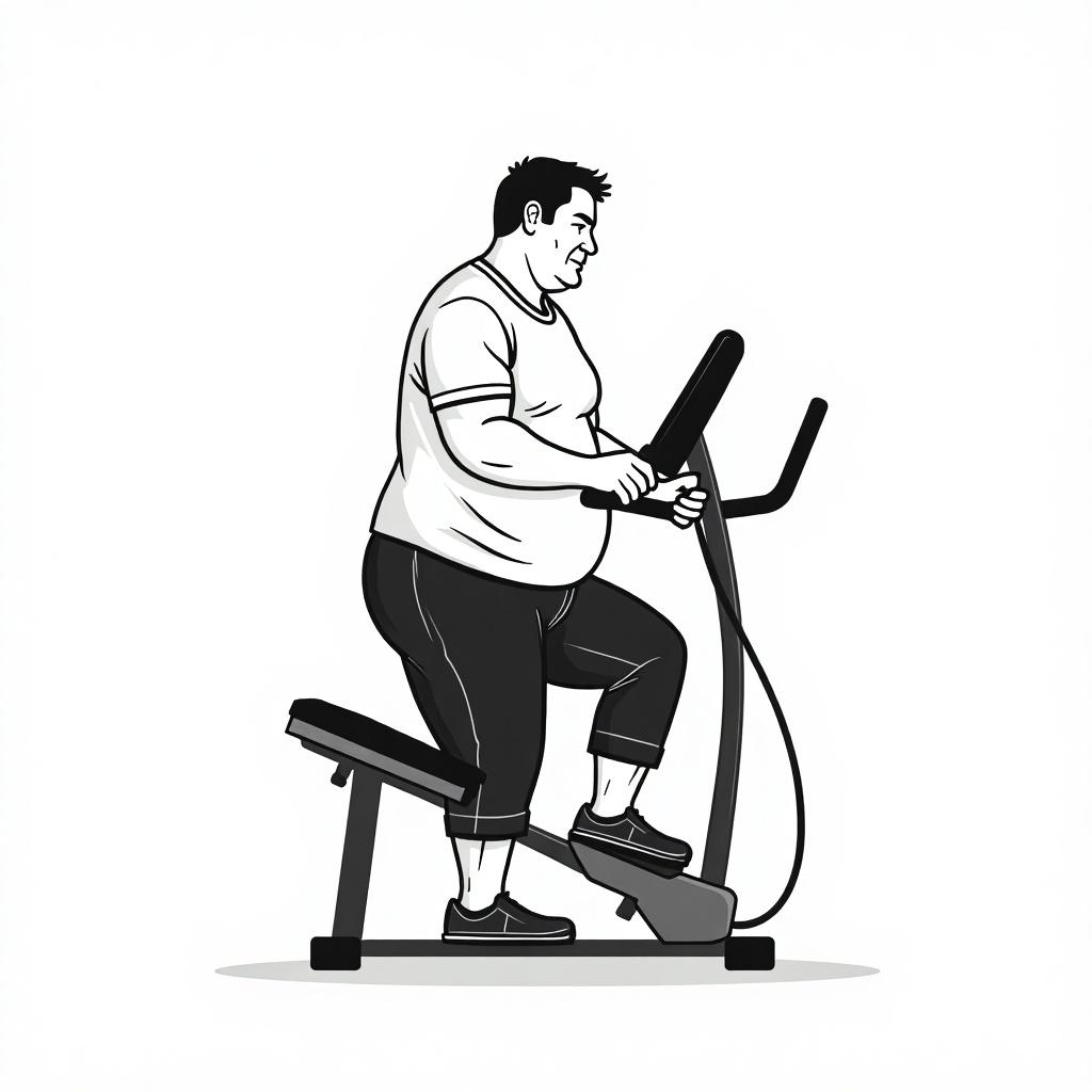 Illustration depicts an overweight man using exercise equipment in black and white. Focus on the man's posture and the exercise machine.