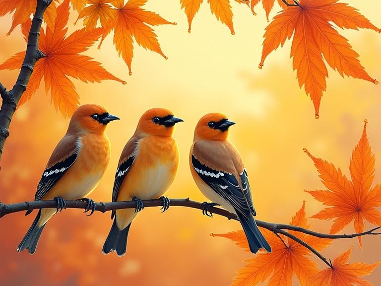 Three cedar waxwing fledglings perched on an amber-washed maple branch. Leaves glowing golden-red under soft autumn light. Birds detailed with dry-brush techniques. Layered glazes on autumn leaves with white highlights for seeds.