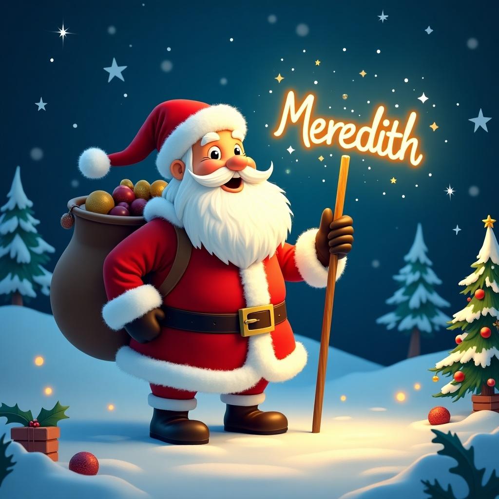 The image depicts a joyful Santa Claus in a vibrant red outfit with a fluffy white beard. He is standing in a snowy landscape, surrounded by evergreen trees. Santa is holding a glow stick and writing the name 'Meredith' in the air with sparkling letters. His large sack is filled with colorful ornaments, emphasizing the festive spirit. The scene is illuminated with a warm, magical glow, creating an enchanting holiday atmosphere.