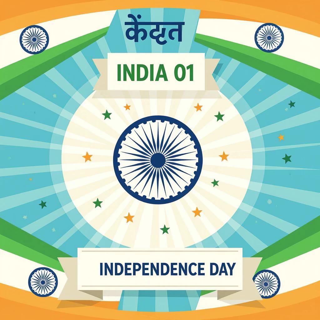 Colorful background celebrating India's Independence Day. Features Ashoka Chakra and elements of the Indian flag. Radiating patterns.