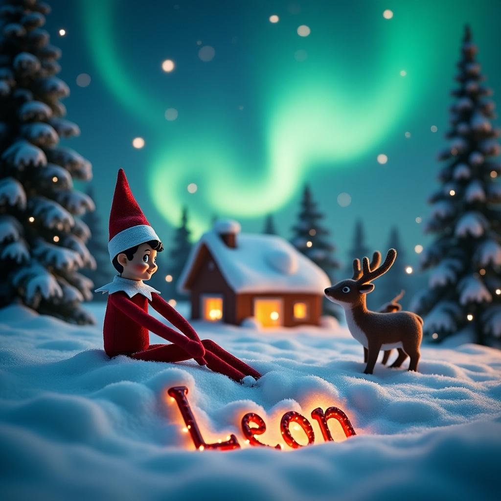 This enchanting scene features an elf on the shelf sitting in the snow. The northern lights shine vibrantly in the night sky above, creating a magical backdrop. Nearby, two reindeer are positioned, enhancing the festive spirit of the moment. In the foreground, the name 'Leon' is beautifully written in the snow, adding a personal touch. A cozy Santa's cottage can be seen in the background, warmly illuminated, contributing to the overall holiday ambiance.