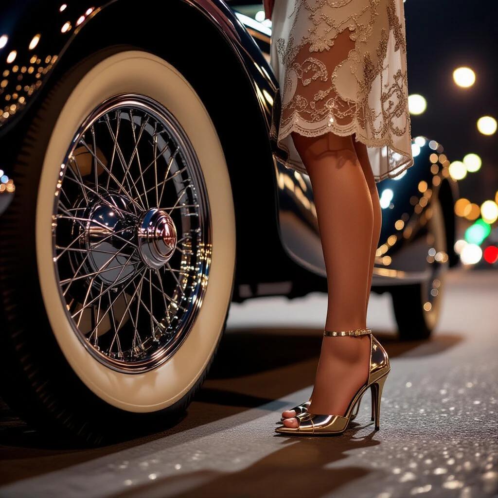 Close-up of vintage Bugatti wheel with chrome rim beside a woman's high heel shoe. Low perspective captures the details of the wheel. Evening background with blurred streetlights. Art Deco dress accentuates ankles and calves. Photorealistic style. Strong dramatic lighting highlights legs and wheel.