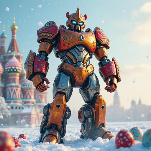 A colossal chrome Autobot named Borislav the Bear stands amidst a blizzard of Faberge eggs. The robot is 30 feet tall, made of birchwood and titanium plates, with a chest plate glowing red and gold. It has sapphire blue eyes and a platinum mustache. The hair resembles St. Basil's Cathedral and releases holographic vodka. The robot wears a Soviet-era power suit and wields a large borscht ladle. The background features Red Square and tiny soldiers on robotic samoyeds.
