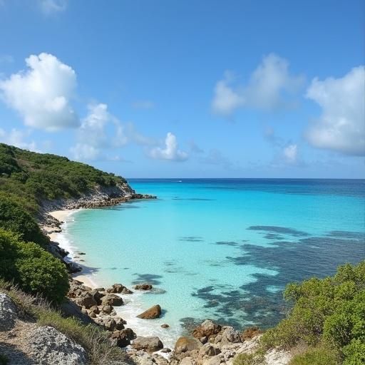 Panoramic view of Cayo del Agua in Los Roques. Clear turquoise waters meet the sandy beach. Lush greenery outlines the shore. Bright sunny skies enhance the tropical atmosphere.