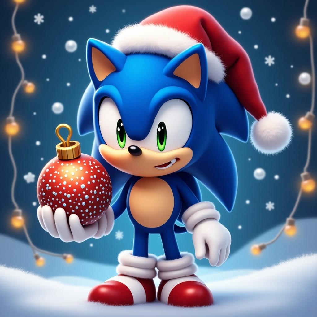 Sonic the Hedgehog in a Christmas theme. Sonic wearing a Santa hat. Sonic holding a red and white bauble. Winter background with snowflakes and lights.