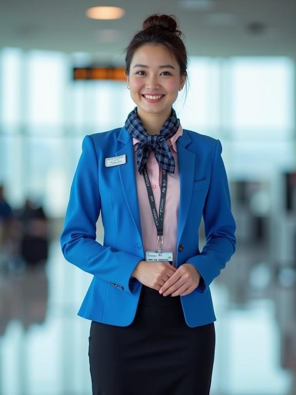 Full body shot of female airport ground staff. She wears blush-pink blouse and azure-blue blazer. Black pencil skirt complements outfit. Hair styled in a bun. Exhibiting a friendly smile. Silver name tag attached to blazer. Lanyard with ID badge around neck. Dark-blue-gingham scarf tied neatly. Standing in airport terminal with hands clasped.