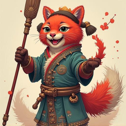 A whimsical fox character dressed in a colorful space outfit. The character has a joyful expression and stylish attire. The setting is playful with splashes of color in the background.