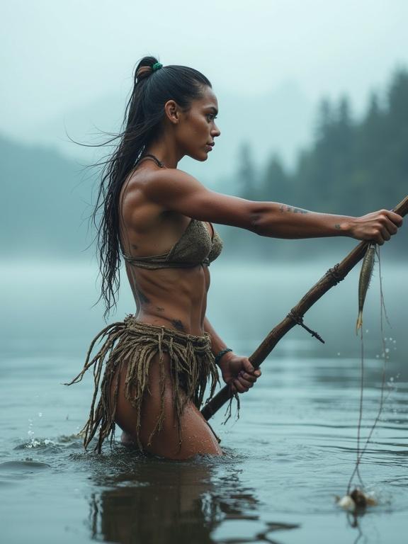 Photorealistic portrait of fierce young female huntress standing waist-deep in misty lake. She hurls a wooden harpoon towards fish. Dynamic energetic pose with twisted body and intense gaze. Wet long hair tied with sinew cords and adorned with bone beads. Skin has ritual markings and scars. Clothing from woven bark and hide strips. Fish on primitive belt. Fog over water, forest and mountains in background. Realistic lighting and reflections, cinematic style, primal energy.