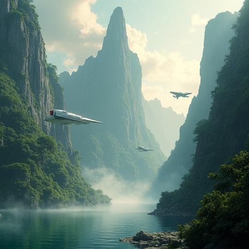 Highly detailed concept art showing a futuristic jungle city. Towering cliffs surrounded by lush vegetation. Sleek white sci-fi aircraft flying in the sky. Mist covering the shoreline. Dramatic lighting and soft clouds. The sky appears vivid and expansive. Evokes a sense of awe.