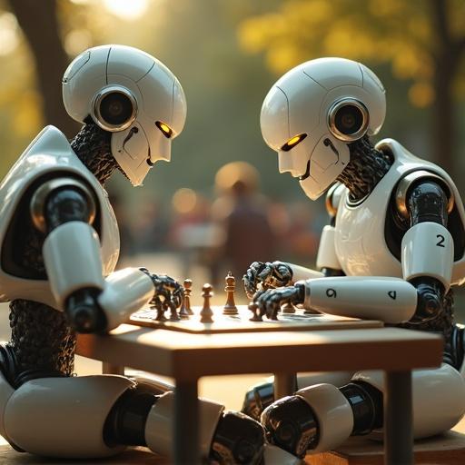 Two robots in 80s style play 3D chess reminiscent of Star Trek. They face each other at a table in a park. Human players are visible in the background. Sunlight falls on the robots' solar panels.