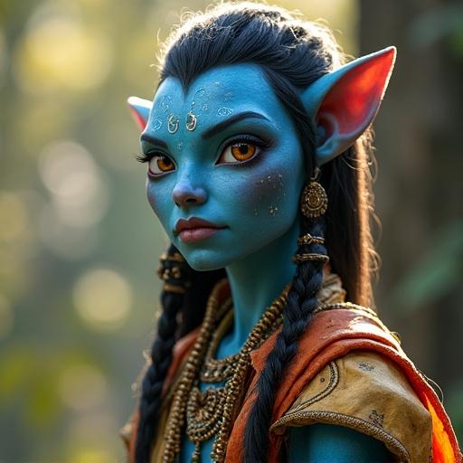 A blue-skinned humanoid character from a fantasy world with unique features. Character has pointed ears and intricate jewelry. The setting is a lush natural environment with soft lighting.