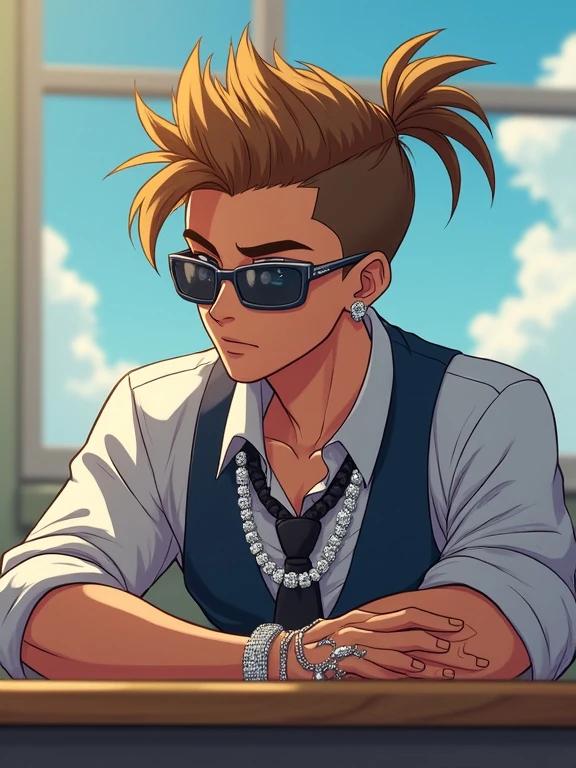 Teen boy character with light brown spiky hair and spiky ponytail. Wearing a private academy uniform and expensive diamond-encrusted jewelry. Sitting at a desk in a high school classroom. Modern summer setting. Appears muscular with 6 pack abs. Has a disinterested expression. Style is neo futuristic. Drawn in vibrant anime art style.