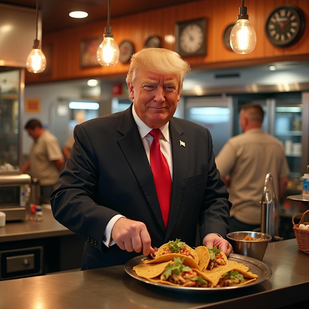 Man in a taco restaurant holds a plate of tacos with toppings. Warm restaurant environment with hanging lights. Customers in the background enjoy their meals.