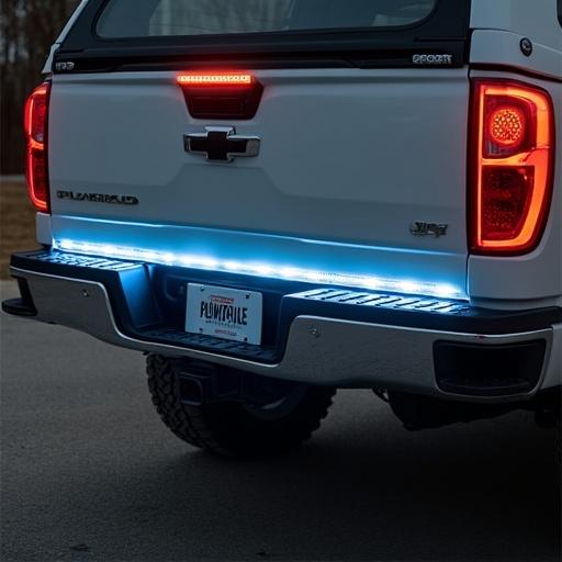 A white Chevrolet truck features a customized rear with blue LED lights. The license plate appears at the bottom. The image shows a sleek design focused on the backend of the vehicle. The truck is parked on a smooth surface outside near trees.