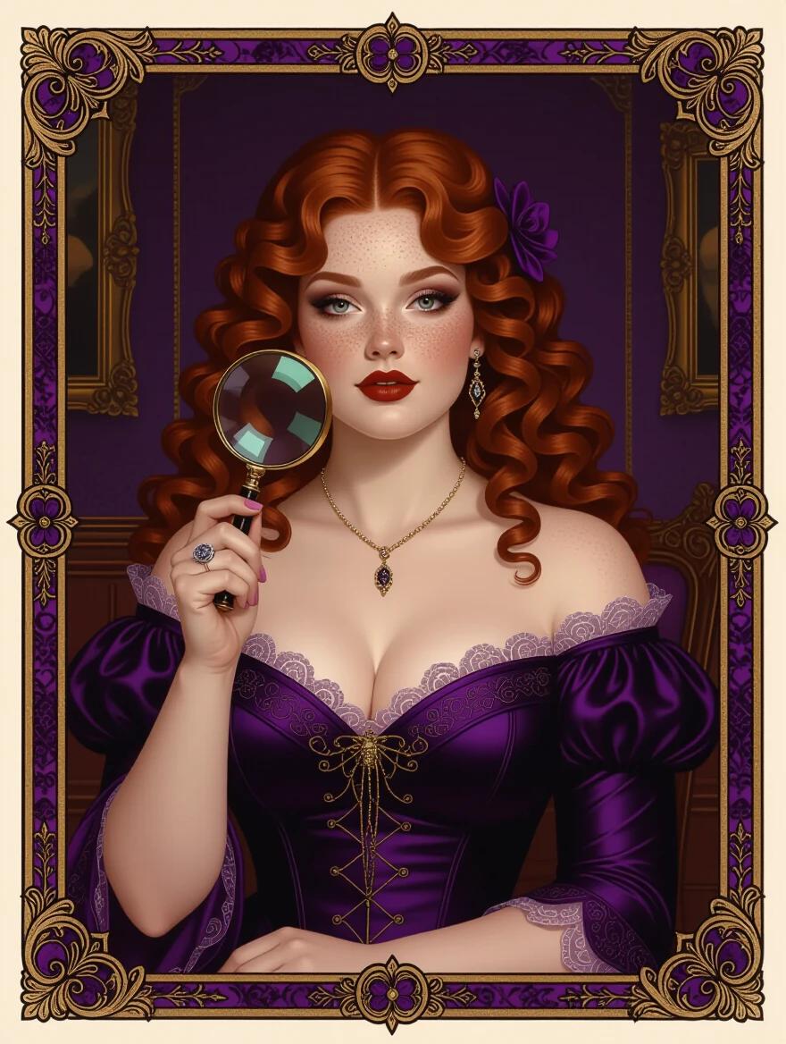 Oil portrait features a beautiful plump woman in her 20’s with curly red hair and freckled pale skin. She wears dark purple modern formalwear and holds a magnifying glass. The setting is a dim mansion room with an Art Nouveau border. The overall tone is dark and mysterious.