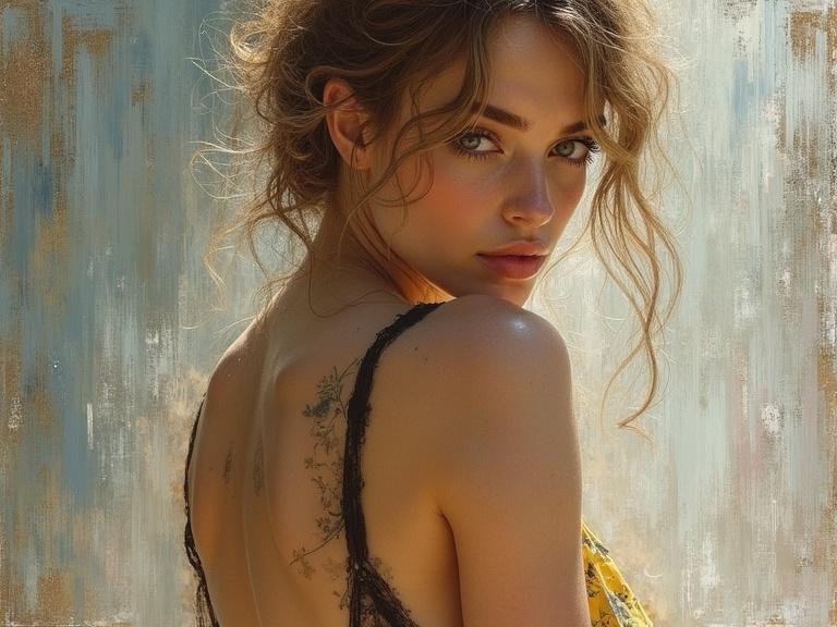 Impressionist painting of a woman with see-through elements. Features a back view with visible tattoos, capturing the beauty of natural light and texture.