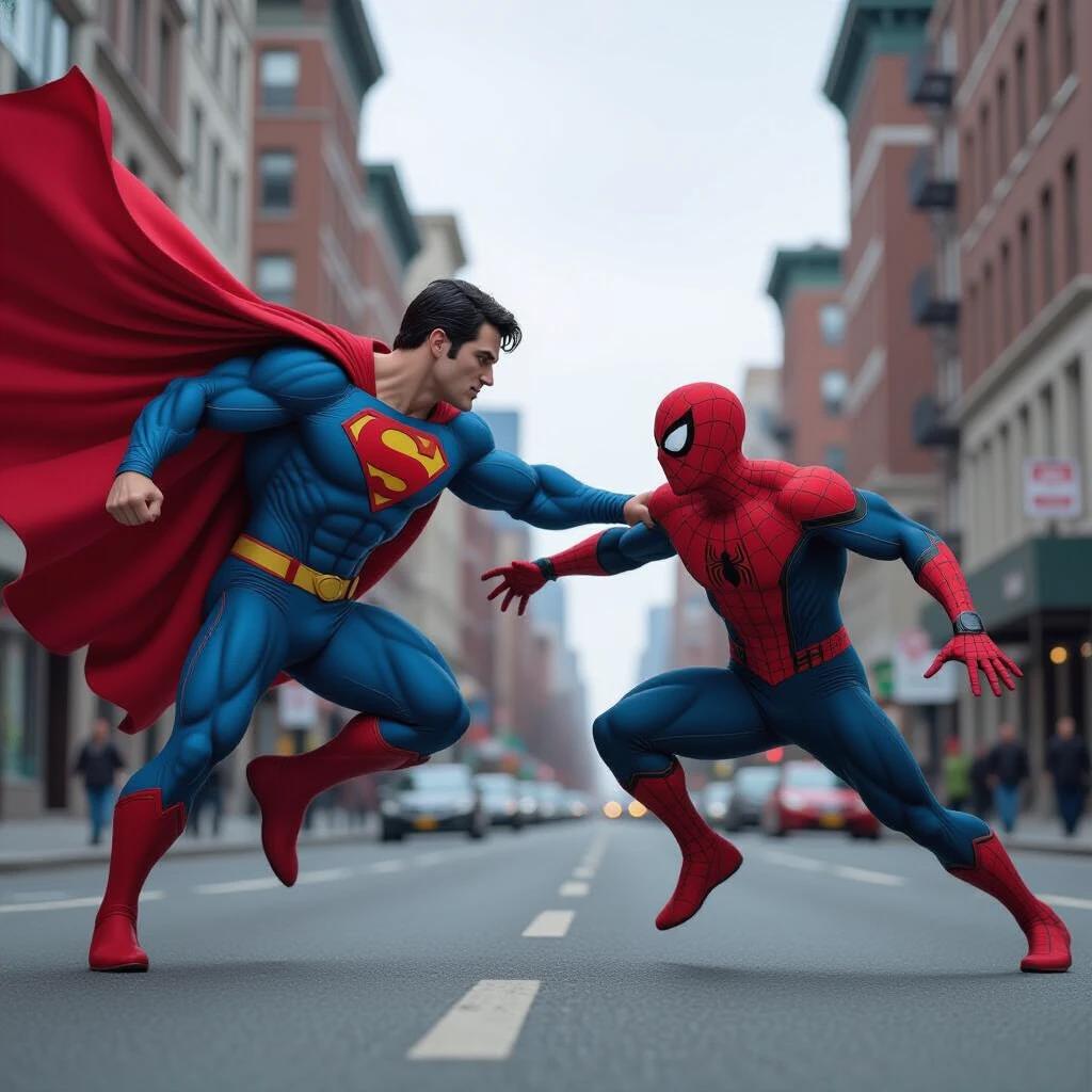 Superman and Spider-Man face off on a street. Both characters are in vibrant costumes. Superman in blue and red with a cape. Spider-Man in red and blue with web patterns. Urban setting in daylight.