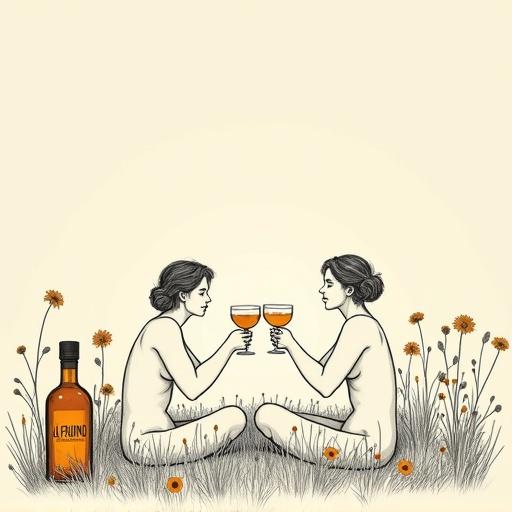 Minimalist line art illustration features two serene natural Venus figures. The figures are shirtless and seated among wildflowers. They are toasting with cocktail glasses. Next to them is an apothecary-style bottle labeled 'ALFRUNO' glowing softly. The style uses bold black outlines on a beige background. The artwork emphasizes simplicity and elegance with a tranquil vibe.
