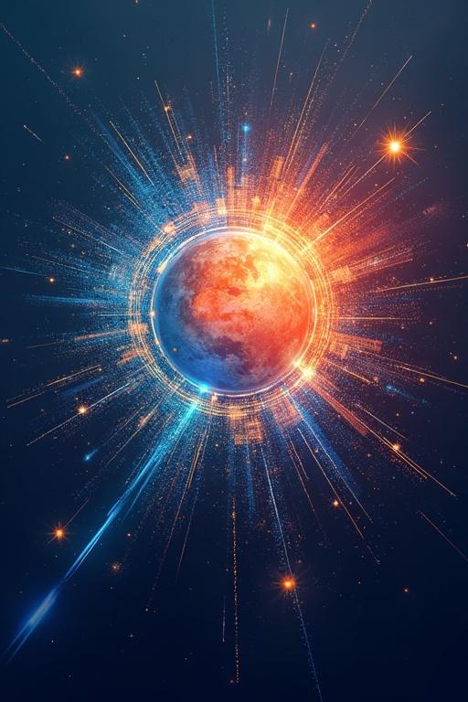 Dynamic visual with elements of creativity. Paint strokes, camera lens flares, artistic filters. Symbols of digital connection and growth. Appeals to creator audience.
