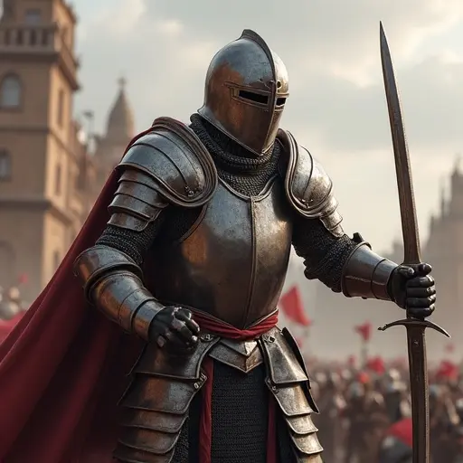 Knight character in armor preparing to attack with a weapon in a dynamic pose. Background features a crowd of soldiers in a medieval setting. Dramatic mood with a sense of impending action.