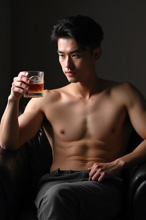 Photo of a topless man sitting in a black chair. He reveals strong abs and has black hair and deep brown eyes. He holds a glass of whiskey in a manhwa style.
