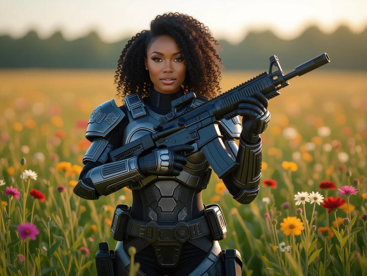 Picture of a woman in futuristic armor holding an assault rifle in a flower field.